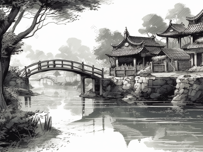 黑白乡村建筑流水水墨画,插画/手绘图,插画/手绘图库,插画/手绘图下载,插画/手绘